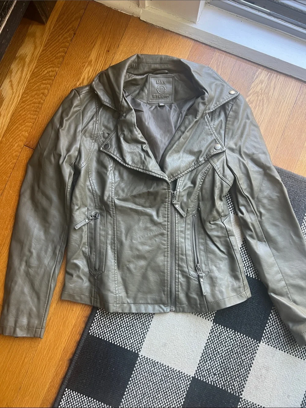 Max Studio Olive Faux Leather Asymmetrical Moto Jacket